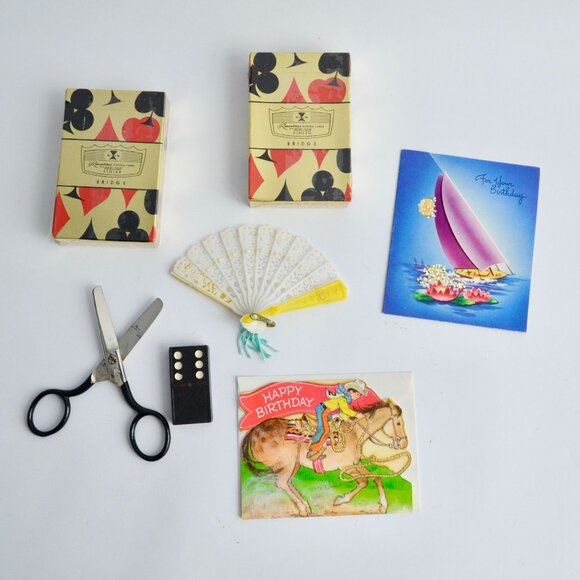 VINTAGE Junk Drawer Lot Playing Cards Sealed Scissors Fan Cards Domino - Picture 1 of 5